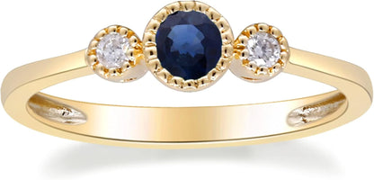 Gin and Grace 10K Yellow Gold Genuine Blue Sapphire Ring with Diamonds|Ethically, Authentically & Organically Sourced (Round-Cut) Shaped Sapphire Hand-Crafted Jewelry for Her | Sapphire Ring for Women Holiday Gifts