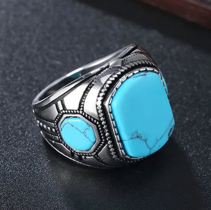 Punk Rock Vintage Classic Blue Cube Turquoise Ring Titanium Steel Retro Fine Rings for Men Boy Cool Jewelry Fashion Accessories