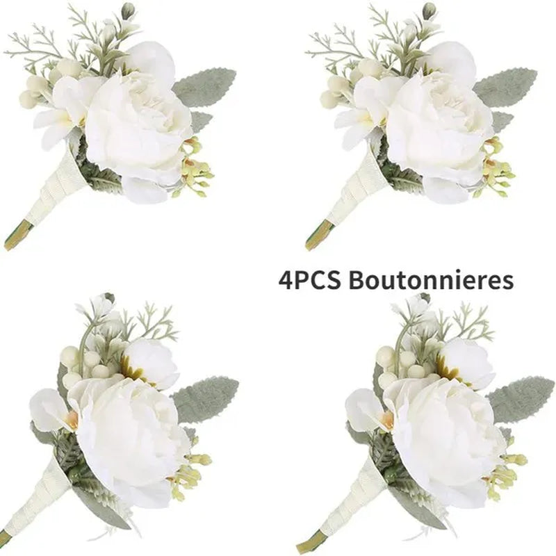 4Pcs Peony Wrist Corsages Bride Wristlet Band Bracelet Men Boutonnieres Set for Wedding Flowers Mother of Bride and Groom, Party Prom Flowers