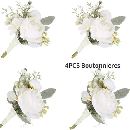 4Pcs Peony Wrist Corsages Bride Wristlet Band Bracelet Men Boutonnieres Set for Wedding Flowers Mother of Bride and Groom, Party Prom Flowers