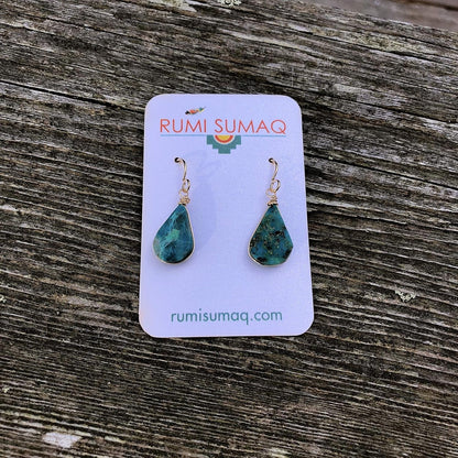 Chrysocolla Earrings Gold Filled Wire Wrap Dangle Blue Green Teardrop Stones - Handmade Healing Crystal Gemstone Jewelry Gift for Women by