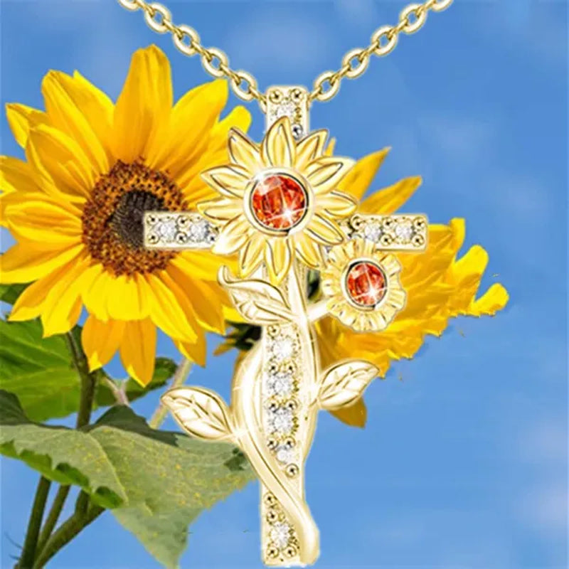 Exquisite Women'S Creative Cross Sunflower Necklace Diamond Cross Necklace Couple Jewelry Luxury Diamond Pendant Necklaces for Women Wedding Banquet Birthday Anniversary Gift