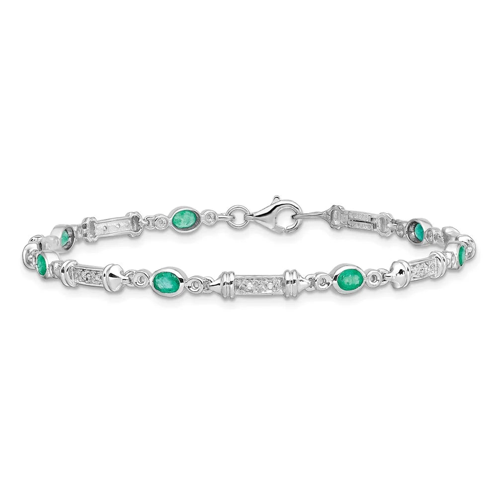 Sterling Silver Rhodium-Plated Emerald and Diamond Bracelet