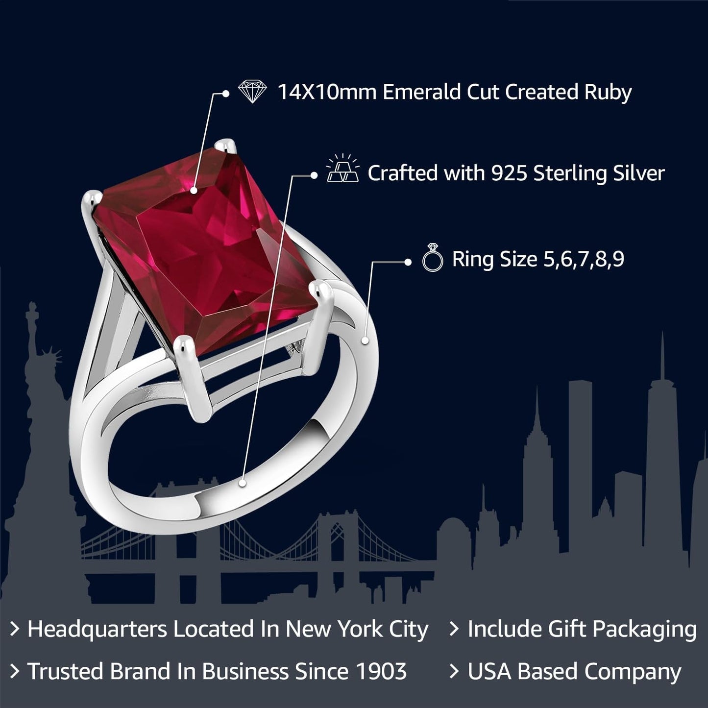 5-10 Cttw Gemstone Birthstone Solitaire Engagement Ring for Women | 925 Sterling Silver | 14X10MM Emerald Cut | Wedding Anniversary Promise Ring for Women | Available in Size 5-9