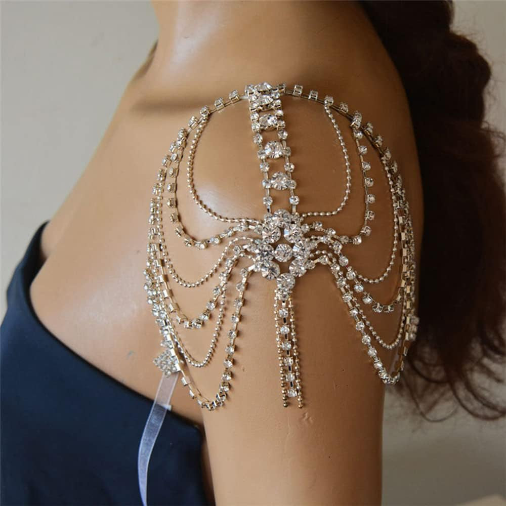 Rhinestones Sexy Shoulder Bra Body Chain Fringe Tassels Body Jewelry Wedding Arm Chain Summer Beach Bikini Shoulder Harness for Women Brides