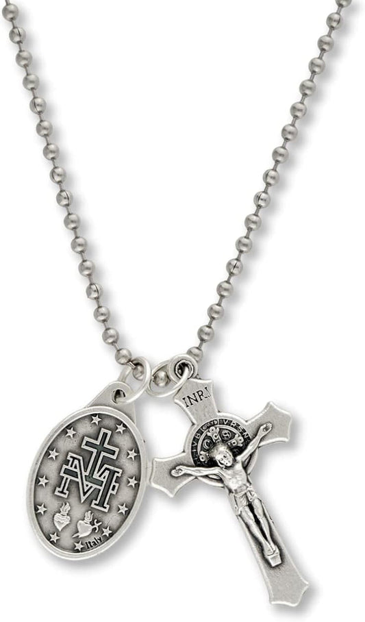 Catholic Necklace St Benedict Crucifix and Miraculous Medal Hypoallergenic Necklace on 24" Ball Chain - Jesus Mary Chain Catholic Necklace for Men, Women, Adults