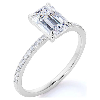 1.75 Carat Emerald Cut Moissanite and Diamond Pave Engagement Ring in 10K White Gold