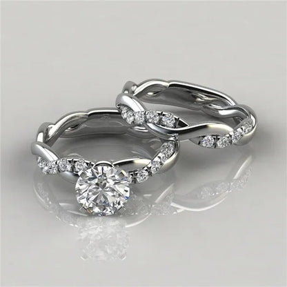 Women'S Dainty Twist round Cut White Sapphire Ring Set Bridal Engagement Diamond Ring Wedding Band Anniversary Gift Banquet Party Jewelry Ring Size 5-11