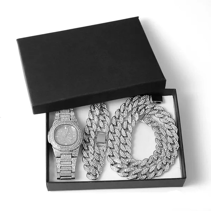 Necklace +Watch+Bracelet Hip Hop Miami Curb Cuban Chain Iced Out Paved Rhinestones CZ Bling Rapper For Men Jewelry