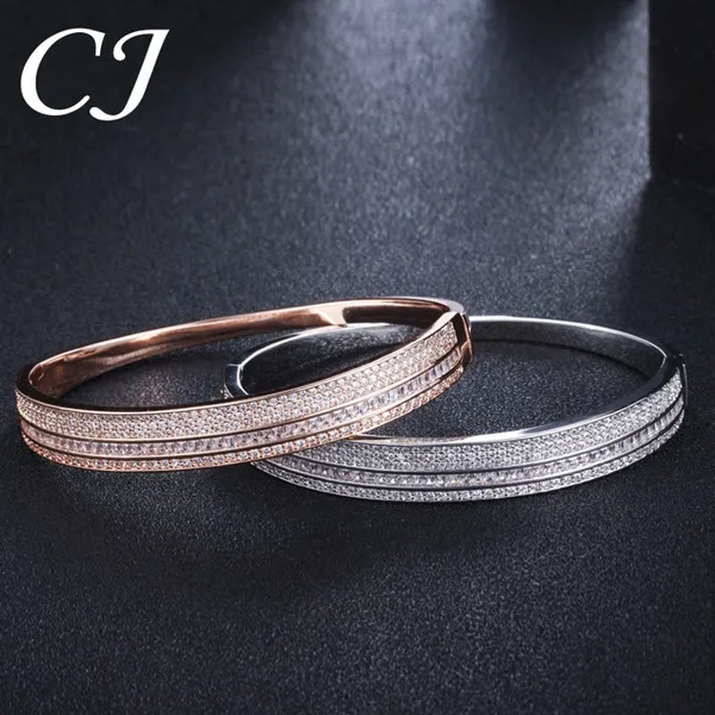 CANDICE New Fashion Simple Unisex Open Bangle Setting Sparkling CZ Stone Rose Gold & White Gold Plated Cuff Bracelet Jewelry for Women Men Couple Gift