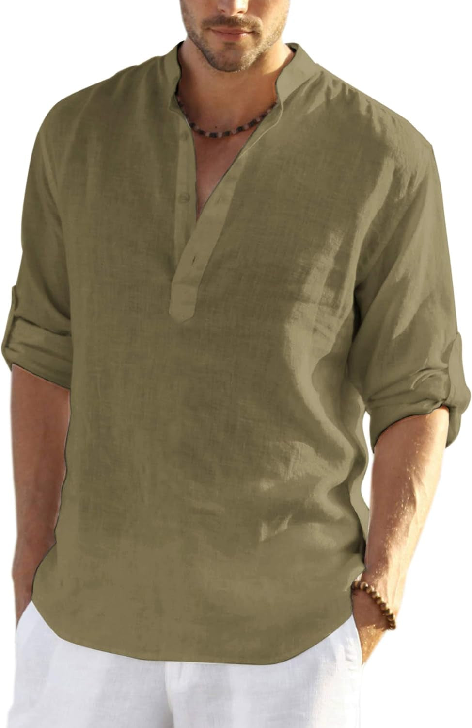 Men'S Cotton Linen Henley T-Shirts Long Sleeve Hippie Casual Beach T-Shirts
