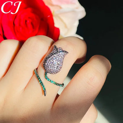 CANDICE Unique Finger Jewelry Micro Pave Pink Green Cubic Zirconia Black Gold Plated Rose Flower Adjustable Ring for Women Wedding