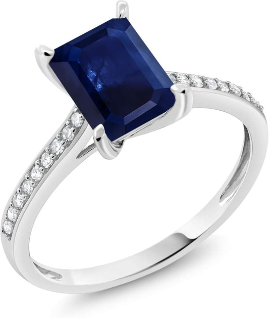 10K White Gold Emerald Cut 8X6MM Gemstone Birthstone and White Diamond Engagement Ring | Wedding Anniversary Promise Gold Ring for Women | Available in Size 5-9