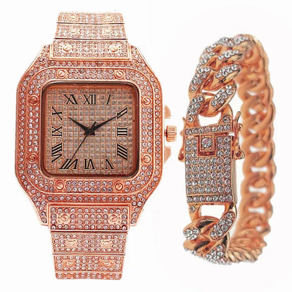 24K Gold / 925 Silver / Rose Gold Stainless Steel Hip Hop Jewelry Iced Out Diamond Thick Miami Cuban Link Chain Necklace Bracelet Watch for Men'S and Women'S Party Jewelry Set Nightclub Bar Fashion Accessories