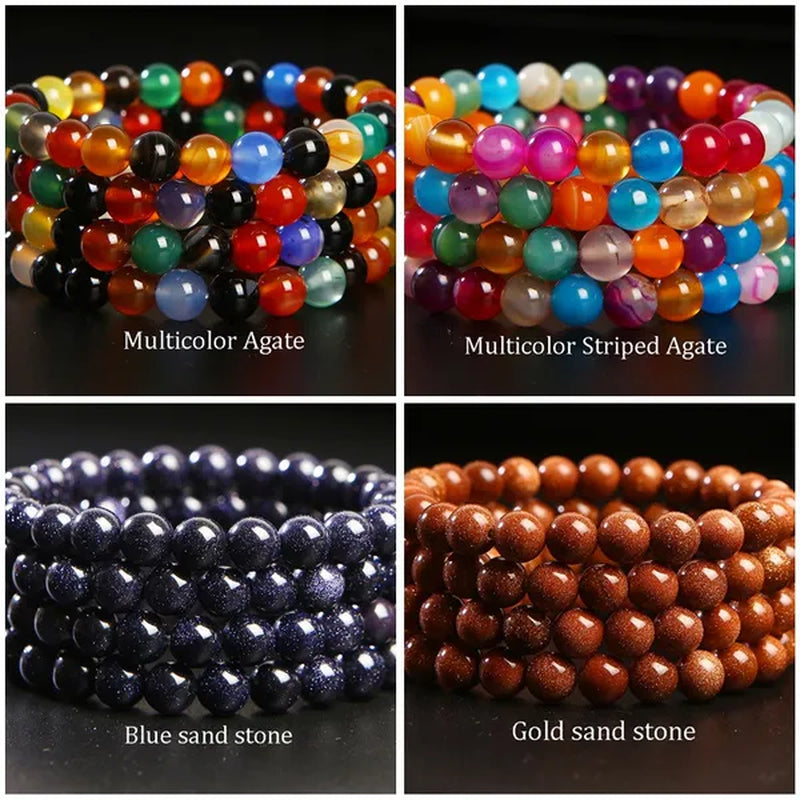 8Mm Tiger Eye/Amethyst/Aquamarine/Agate/ Gemstone Bracelet round Beads Stretch Bracelet Handmade Chakra Healing Stone Jewelry for Women Men Girls