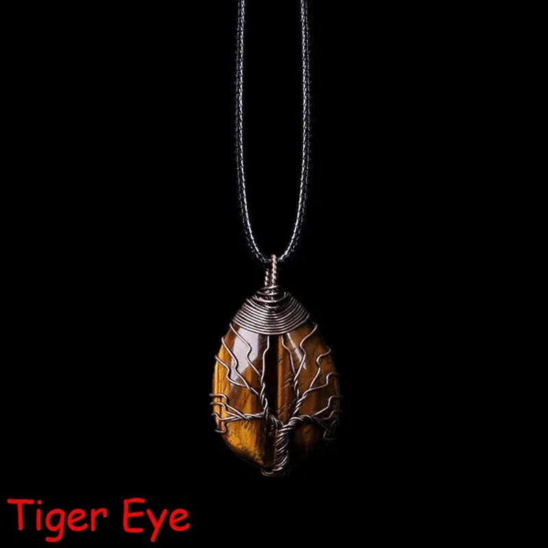Vintage Natural Gemtone Crystal Amethyst Rose Quartz Tiger Eye Stone Water Drop Tree of Life Pendant Necklace for Women Men Jewelry