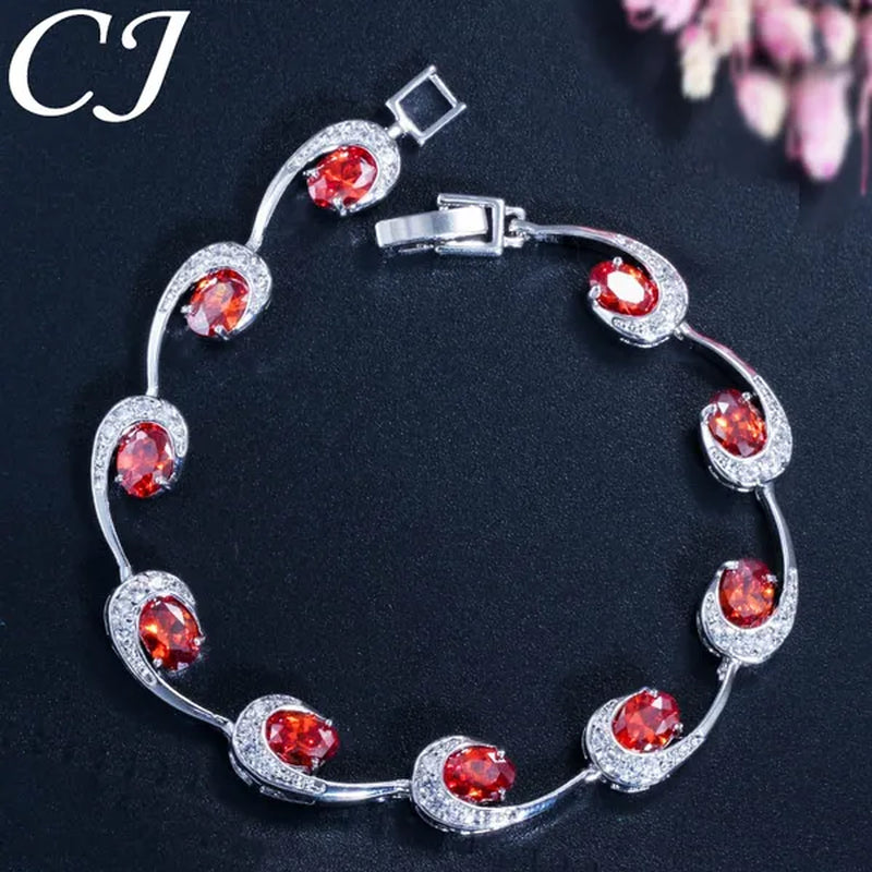 CANDICE Hot Sale Silver Hand Jewelry Classic Oval Red Crystal White Zircon Peacock Tennis Bracelet Bangle for Women Gift 18cm