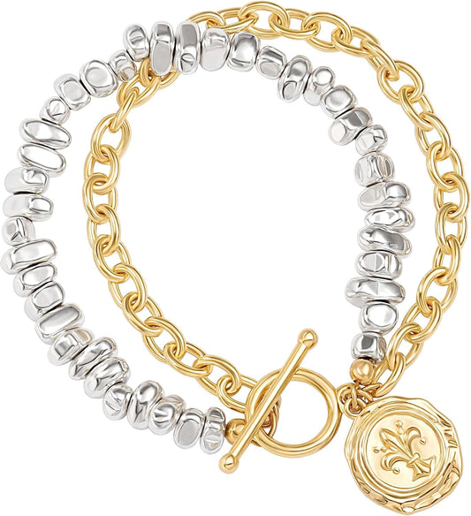 18K Gold Chain Layerd Bracelet Coin Charm Toggle Bracelet Trendy Cubic Zirconia Jewelry