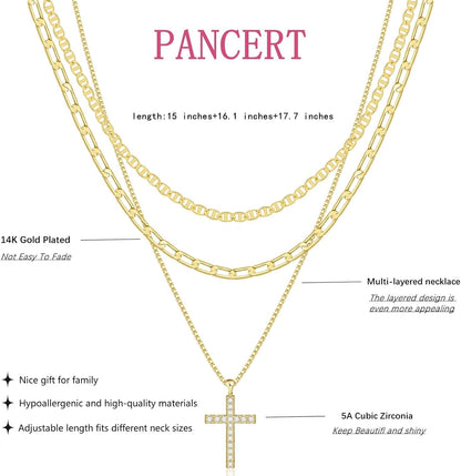 Cross Necklace for Women,Stackable Stacked Stacking Layering Layered Necklaces Dainty Gold Necklace Paperclip Box Flat Mariner Chain Necklace Cross Pendant CZ Diamond Simple Jewelry Gift