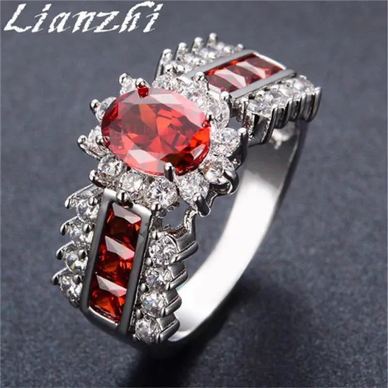HOT Brand  Fashion Oval Cut Blue Sapphire&Red Ruby Wedding Ring 18k White Gold Jewlry for Women
