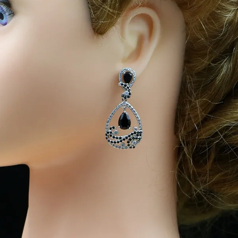 925 Silver Jewelry Sets Black Sapphire White Topaz Decoration For Women Party Earrings/Pendant Necklace Set