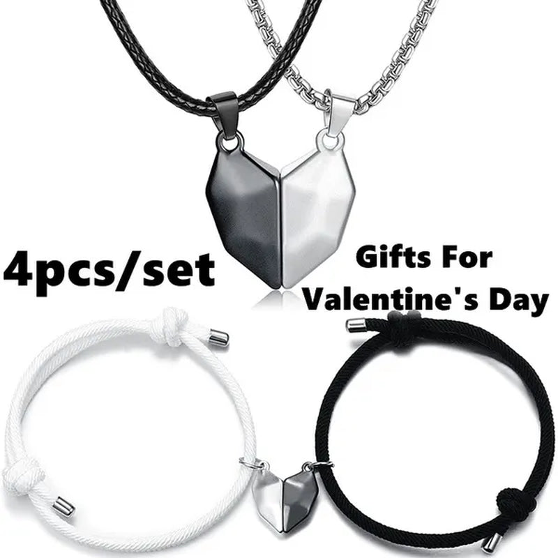 4Pcs/Set Two Souls One Heart Matching Necklaces Bracelets for Couples Creative Magnet Wishing Stone Necklaces Pandent Braided Rope Bracelets Mutual Attraction Friendship Couples Jewelry Gifts for Valentine'S Day