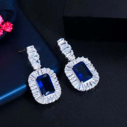 Gloriya Classic Sparkle Cubic Zircon Charm Square Pendant Choker Necklace Earrings for Bridal High Quality Sapphire Jewelry Set