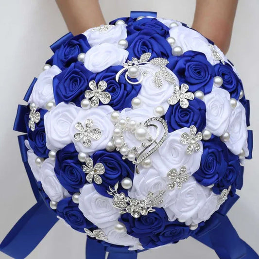 24Cm 10 Styles Can Choose Royal Blue Silver Brooch Wedding Bouquets Silk Rhinestone Artificial Rose Flowers Bridesmaid Mariage Bouquets Wedding Accessories W125