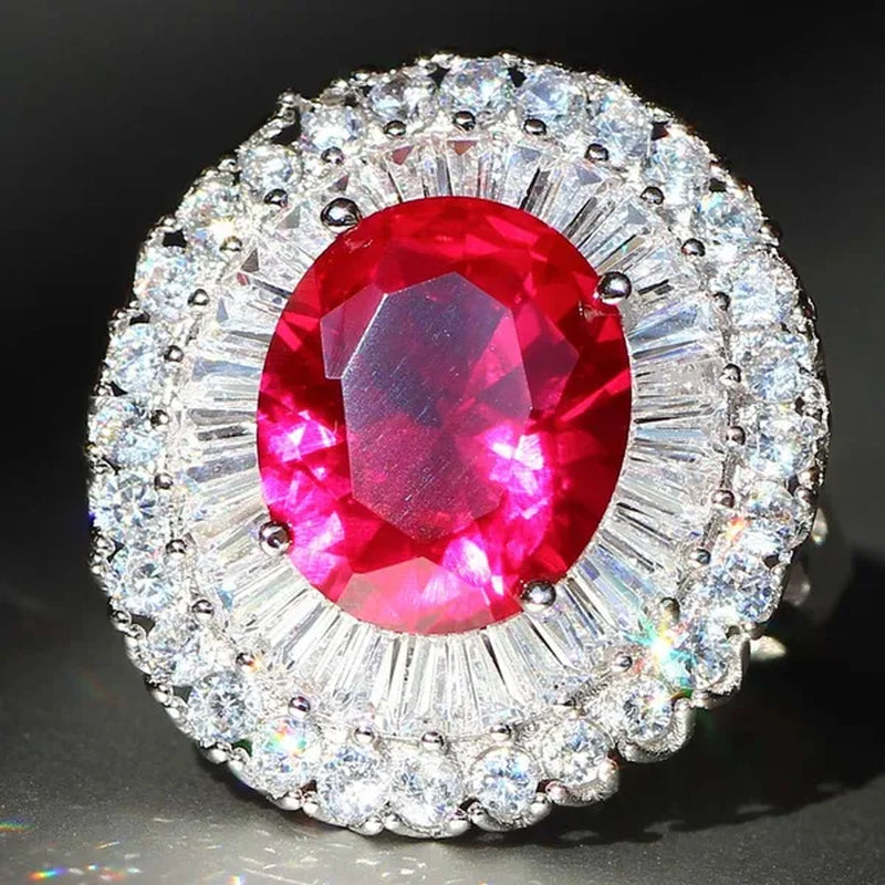 Huge  Silver Ruby & White Sapphire Birthstone Gemstones Engagement Wedding Anniversary Flower Ring