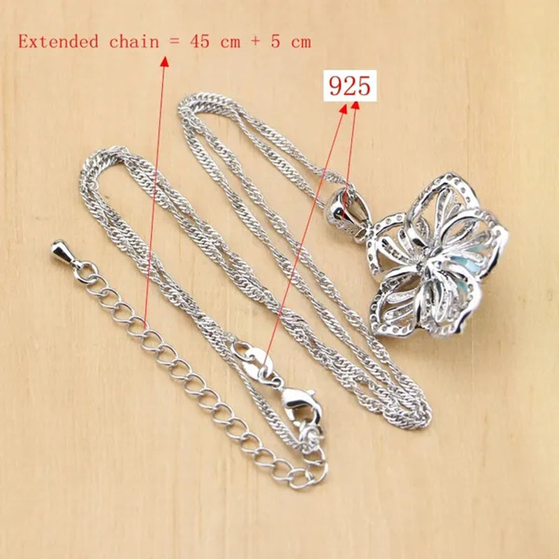 Flower 925 Silver Jewelry Set Blue Pearl with Beads Pendant Drop Earrings Rings Necklace for Women