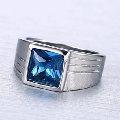NOVE JEWELRY men fashion charm blue rhinestone fine ring 316L stainless steel exquisite wedding band rings silver + blue US Size 7 to 11