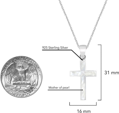 Spiritual Cross of Faith Inlaid White Mother of Pearl .925 Sterling Silver Pendant Necklace | Religous Necklace Jewelry for Women | Jewelry Gift