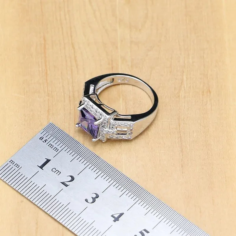 Natural 925 Silver Jewelry Sets Purple Amethyst White Crystal Decoration for Women Earrings/Pendant/ Rings/Bracelet/Necklace Set