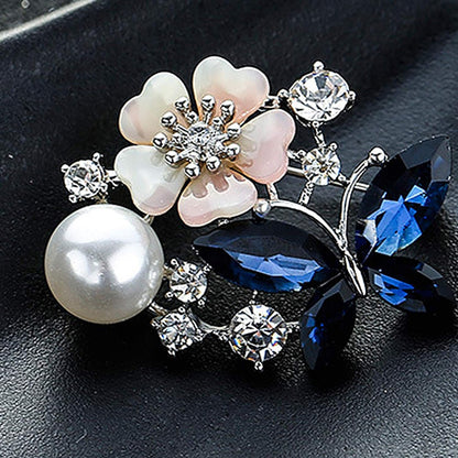 Women Faux Quartz Butterfly Flower Imitation Pearl Brooch Pin Lapel Clip Decoration Festival Birthday Gift- Rose Gold Festival Birthday Gift- Red