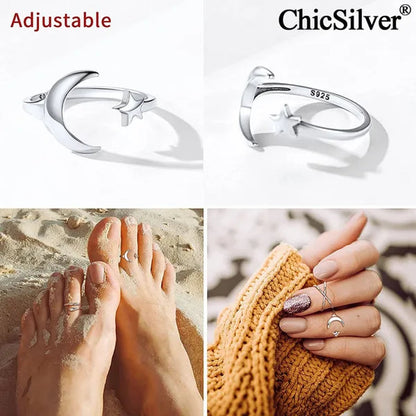 Chicsilver Moon and Star Toe Ring for Women 925 Sterling Silver Hypoallergenic Adjustable Toe Ring Band Women Beach Foot Jewelry