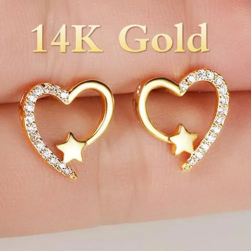 Gold Love Heart Star White Sapphire Diamond Stud Earrings for Women Wedding Engagement Bride Jewelry Gift