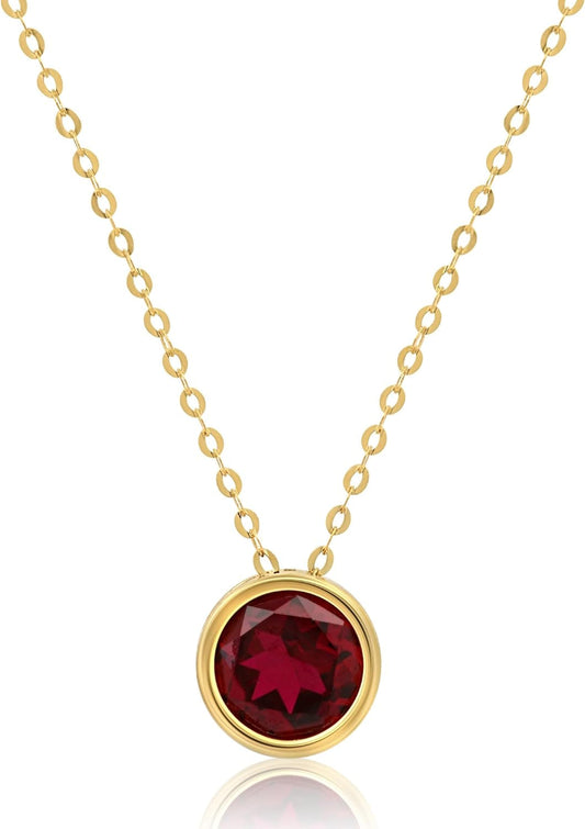 14K White or Yellow Gold round Pendant Necklace for Women with 7 Mm Gemstone Birthstone on 18 Inch Cable Chain Spring Ring Clasp Bezel Set