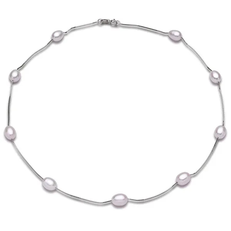 Real 925 Sterling Silver Natural White Ellipse Freshwater Pearl Chain Necklace for Women Gifts FEIGE