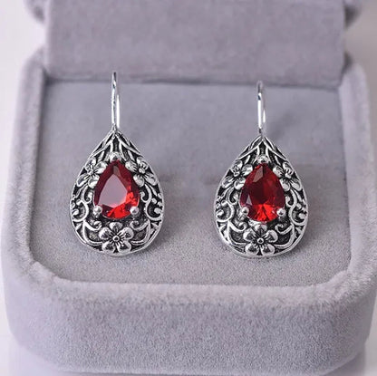 Diamond for Women Waterdrop Pear Carved Red Topaz Gemstone Garnet Earrings Jewelry