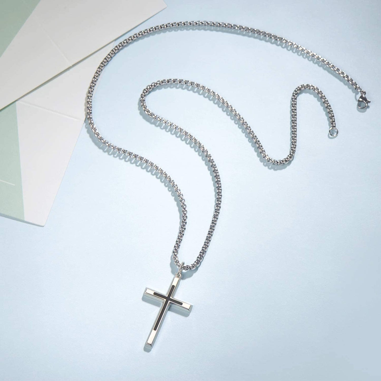Black Cross Necklaces Sterling Silver Cross Pendant Polished Long Necklace Fine Jewelry Christmas Gift for Men,Stainless Steel Box Chain Length 24''