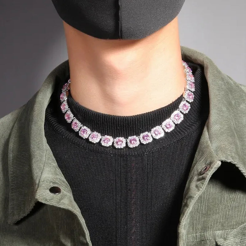 Hip-Hop Copper Inlaid Zircon Crystal Sugar Necklace Hipster Personality Pink Yellow Diamond Necklace for Men and Women with the Same Paragraph