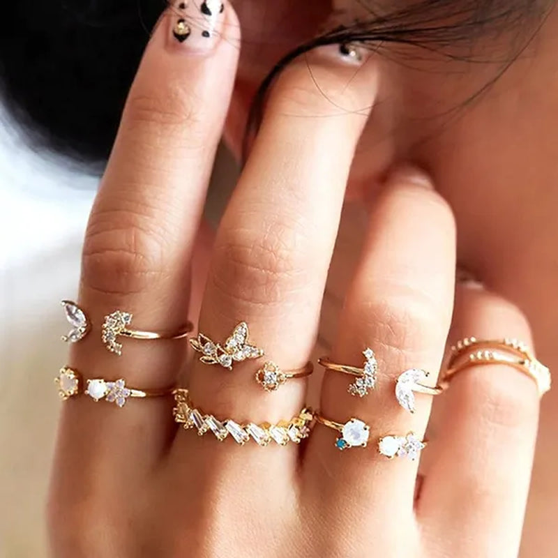 New 60Pcs Womens Rings Silver Gold Plated Rhinestone Vintage Jewelry Bohemian Style Finger Joint Ring Party Favor Gifts