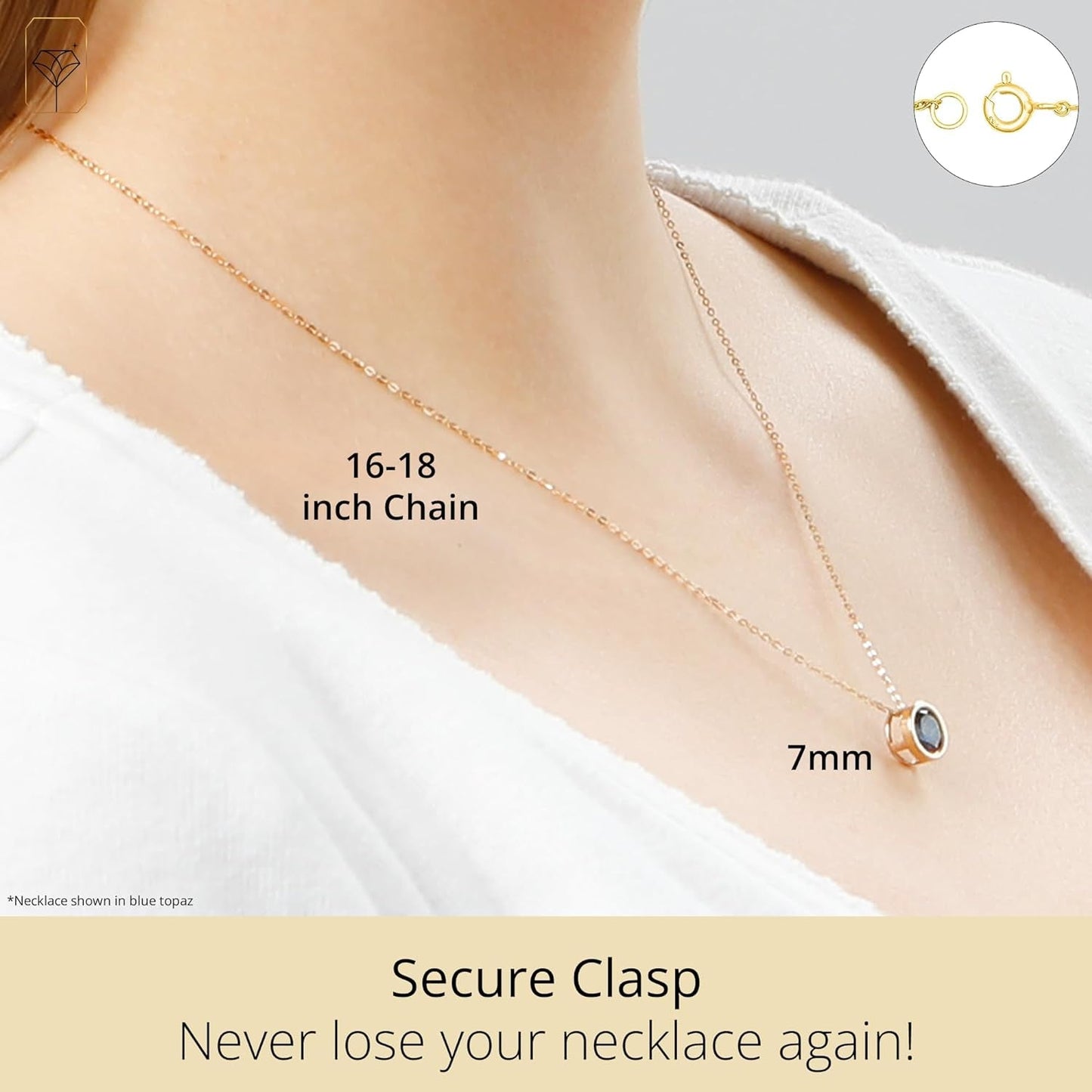 14K White or Yellow Gold round Pendant Necklace for Women with 7 Mm Gemstone Birthstone on 18 Inch Cable Chain Spring Ring Clasp Bezel Set