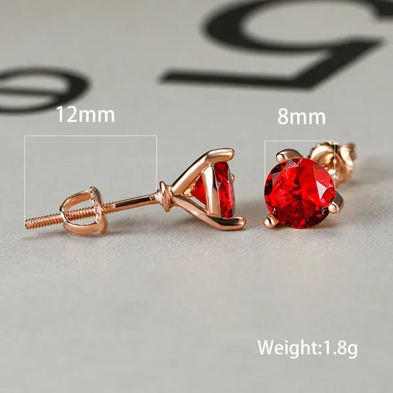 18K Gold Three-Prong Martini Round Ruby Stud Earrings Bride Wedding Engagement Jewelry Gifts 7mm/8mm