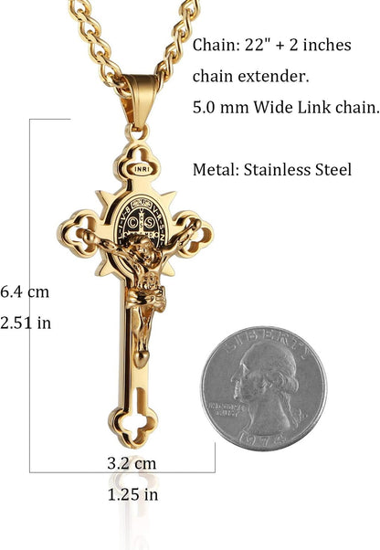 Religion Stainless Steel Saint St St. Benedict Crucifix Cross Pendants Necklace INRI
