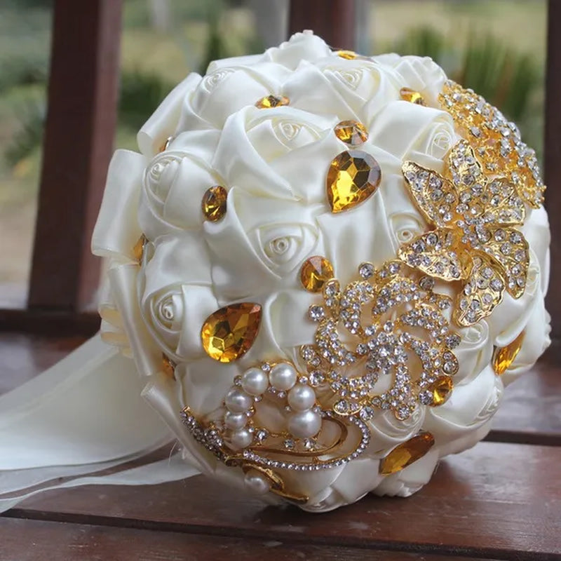 Private Custom 18CM Wedding Bouquet Luxury Gold Crystal Brooch Bride Bouquet Pure Handmade Silk Rose Ribbon Wedding Bride Holding Flowers Multi-Color Optional