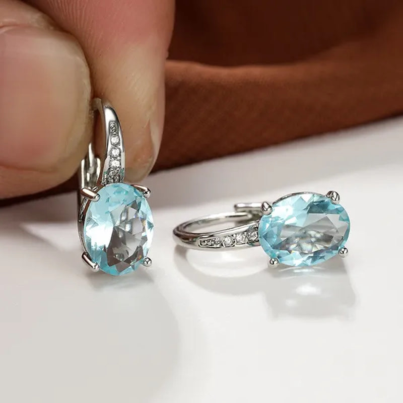 1Pair 925 Sterling Silver 14K White Gold Hoop Earrings New Fashion Oval Cut Aquamarine Amethyst Topaz Sapphire Diamond Earrings Drop Dangle Earrings Gift