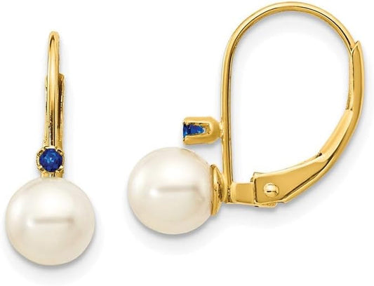 14K Yellow Gold White round Shape Freshwater Cultured Pearl Sapphire Leverback Earrings Fine Jewelry for Women Gifts for Her (5-5.5Mm)