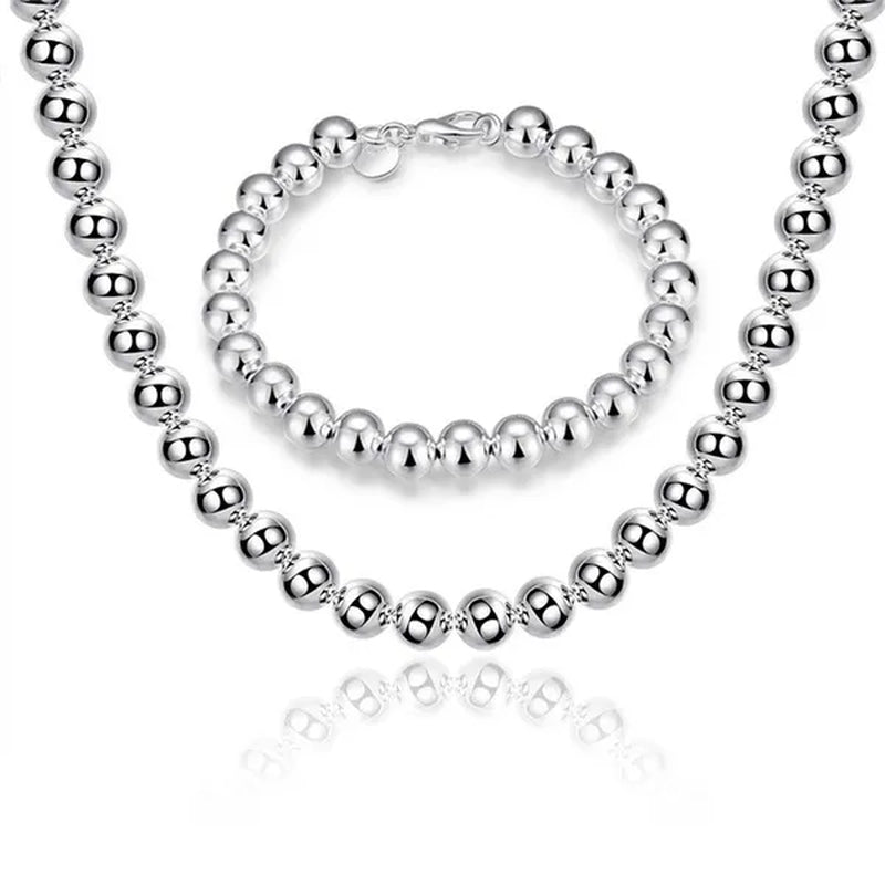 Fashion 925 Sterling Silver 8mm Hollow Smooth Round Beads Necklace Bracelets Set for Women Wedding Engagement Party Jewelry