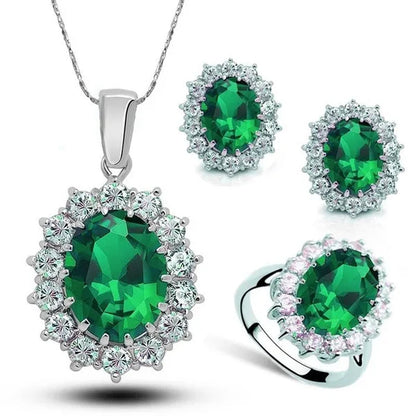 Fashion Natural 925 Silver Sapphire Ring Earring Necklace Set Ladies High-End Crystal Diamond Three-Piece Set Women'S Wedding Jewelry Party Gift Europe and America